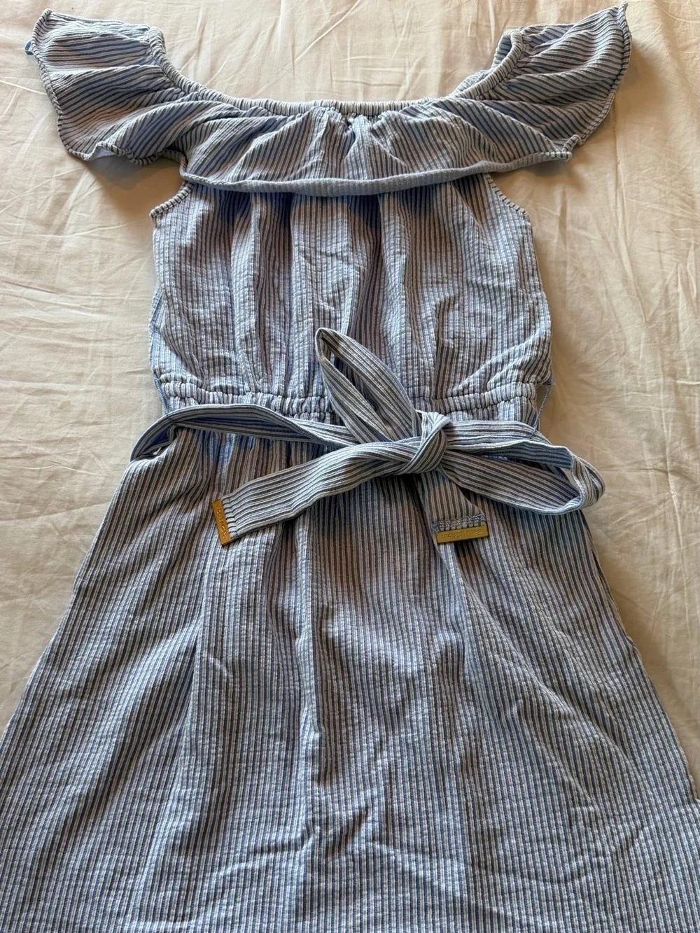 Michael Kors Blue Stripe Off-Shoulder Dress with Belt